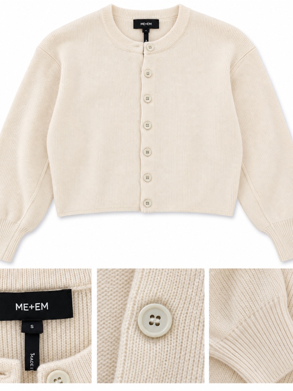 ME+EM Cream Cropped Button-Up Knit Cardigan